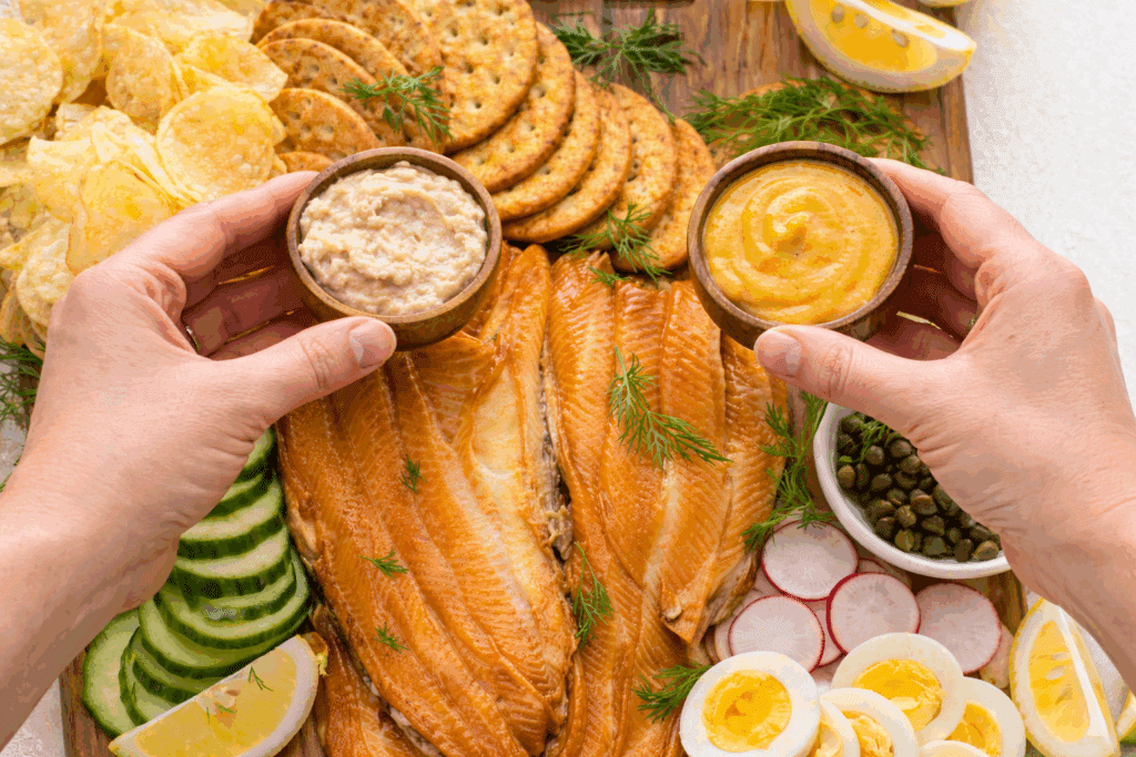 man holding sauces for smoke trout board