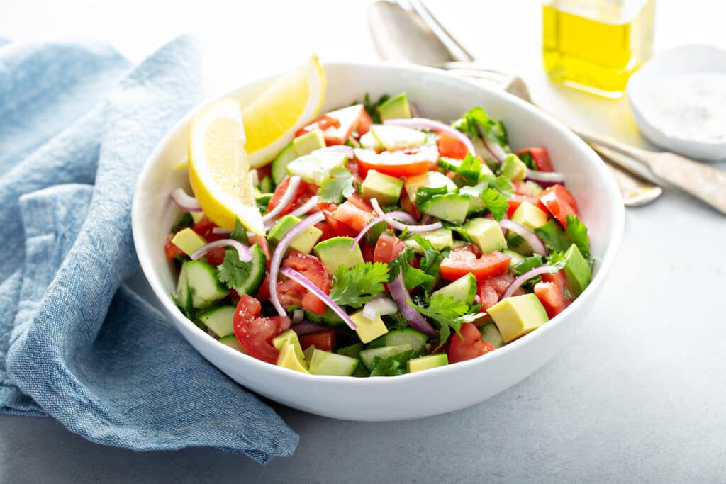 Cucumber Tomato Avocado Salad with lemon