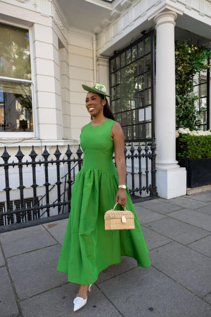green dress with beautiful bag