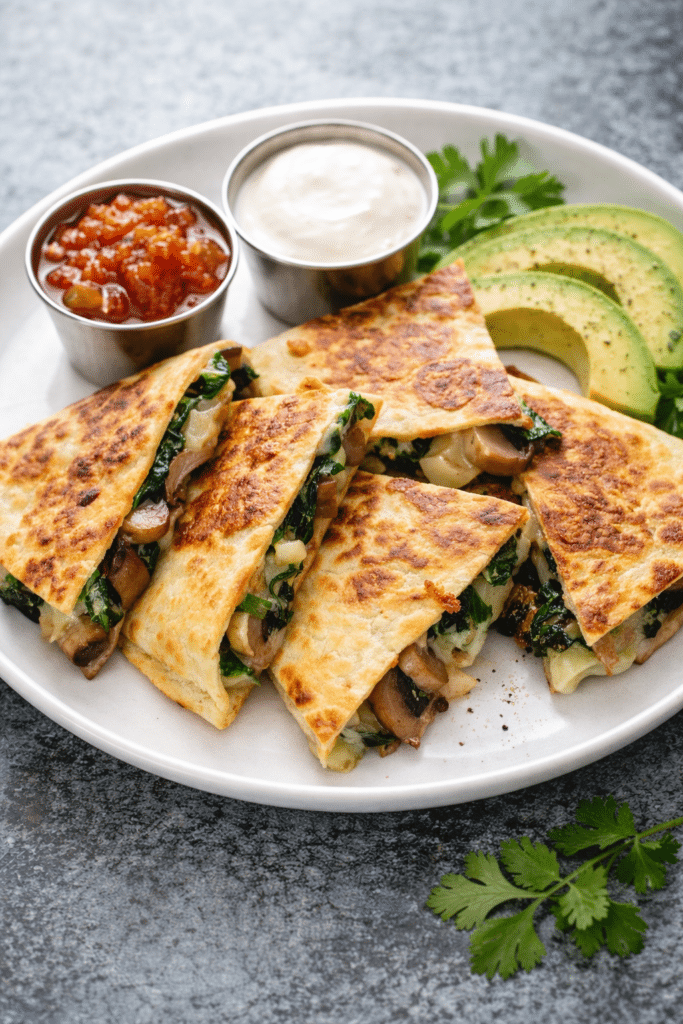 spinach mushroom quesadilla in white plate