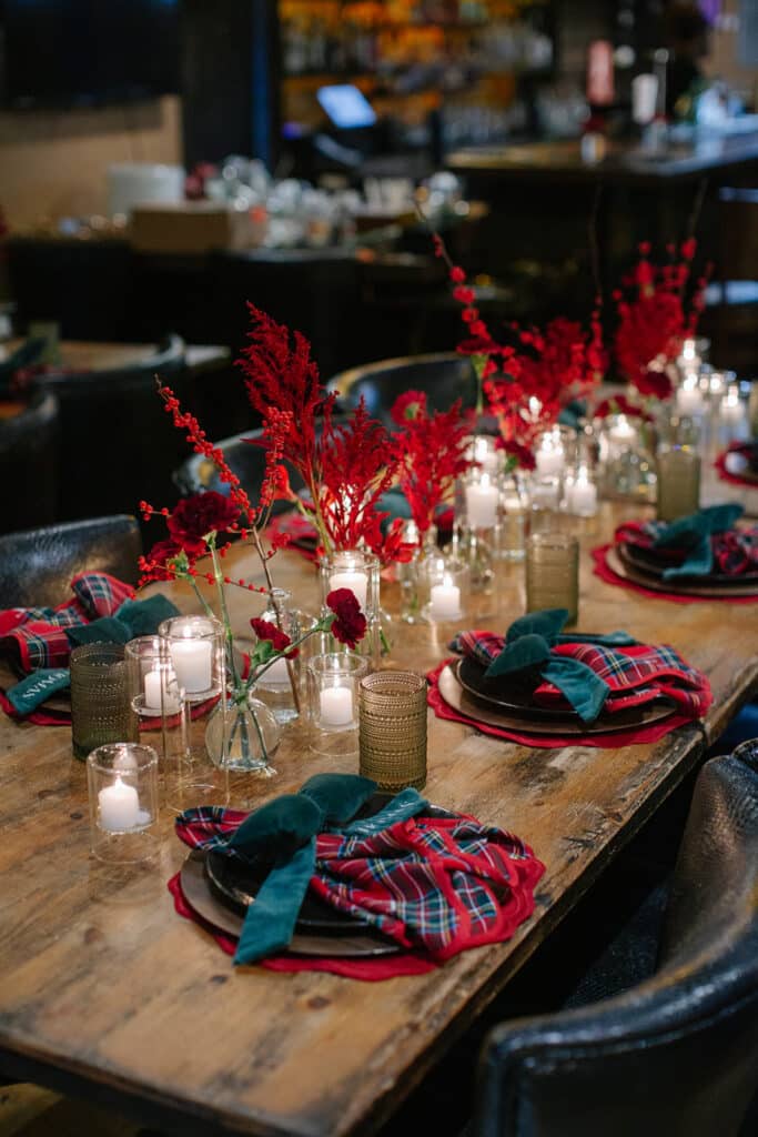 plate, candles and flowers