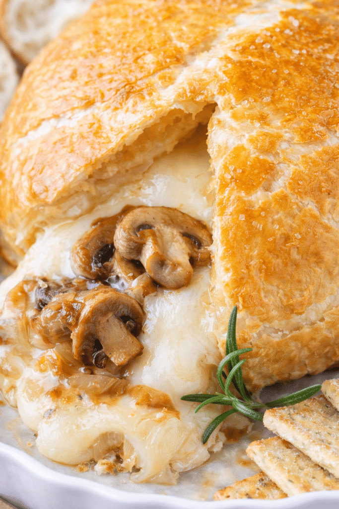 mushroom & onion baked brie close up