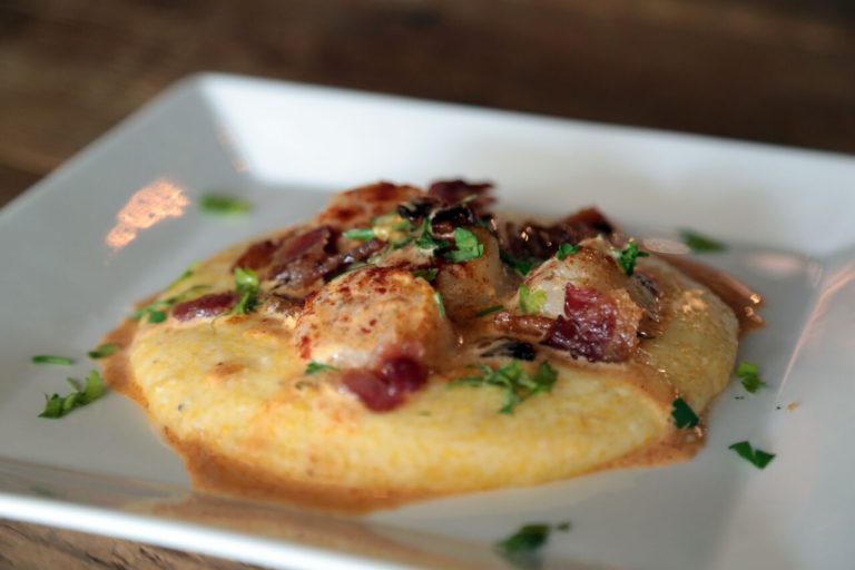 Recipe: Pan Seared Bourbon Scallops With Smoked Grits & Candied Bacon