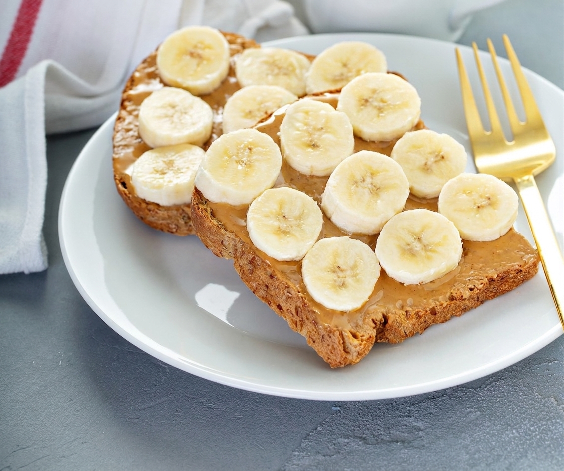 Almond Butter Banana Toast top with sliced banana