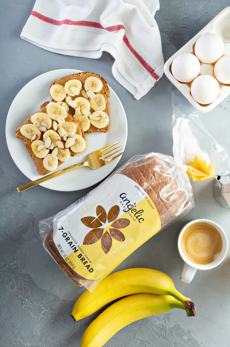 Almond Butter Banana Toast top with banana and almonds