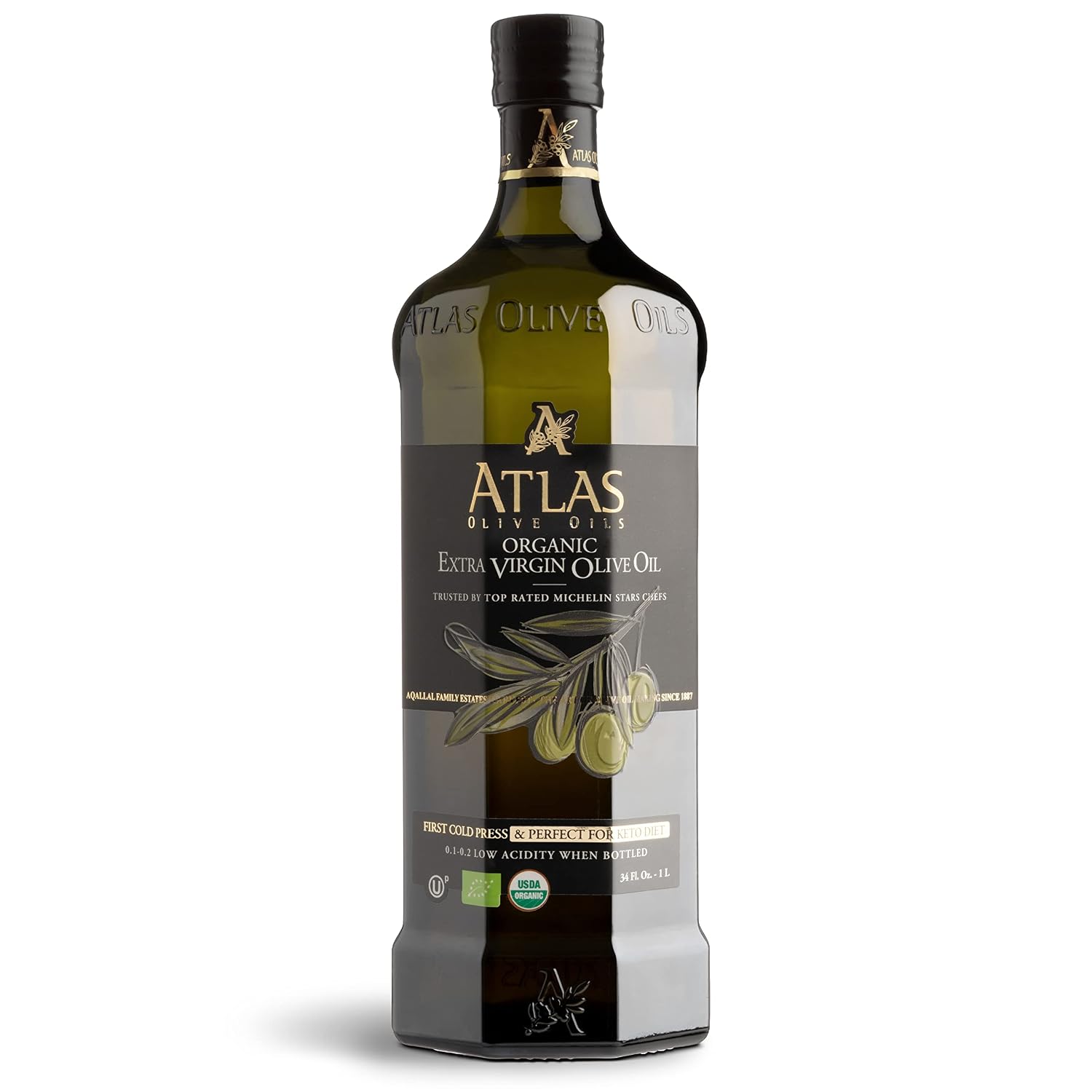 Bottle of Atlas Organic Moroccan extra virgin olive oil