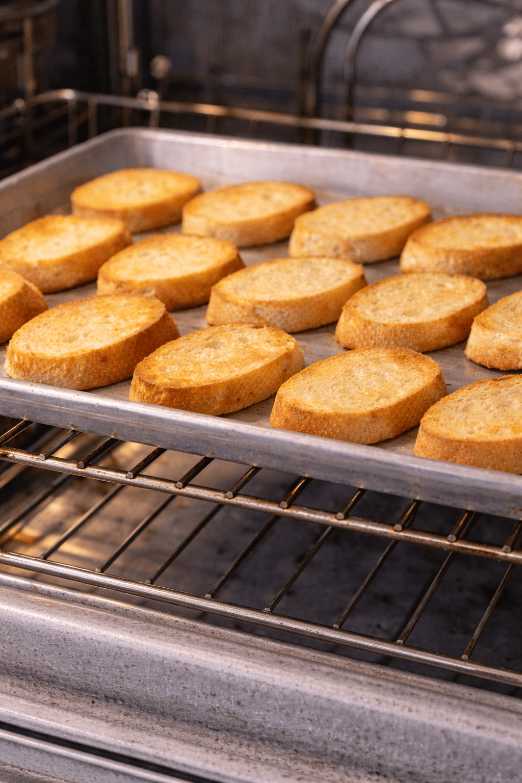 Baguette slices toasting on a sheet pan in the oven