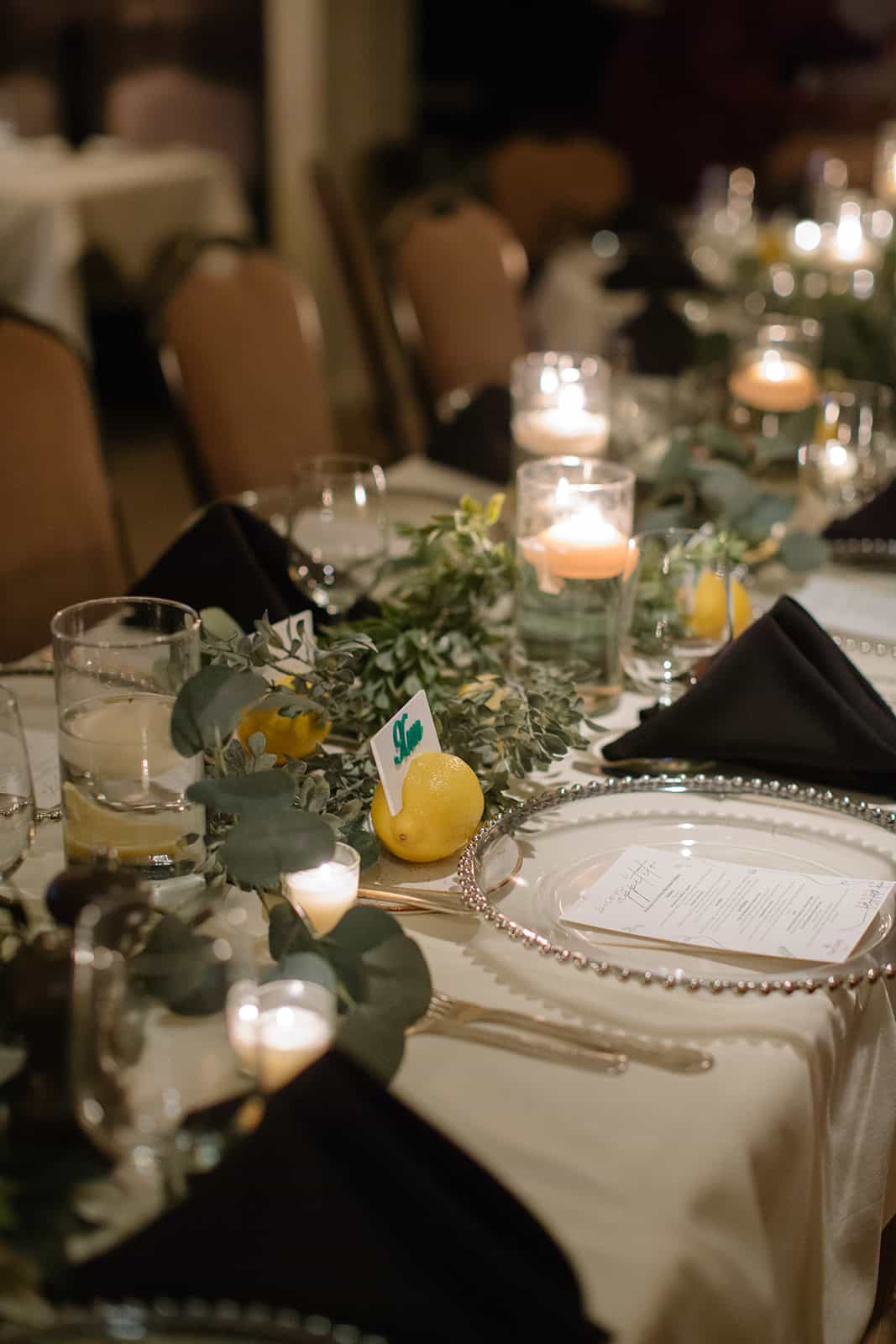 tablescape with lemons and greens