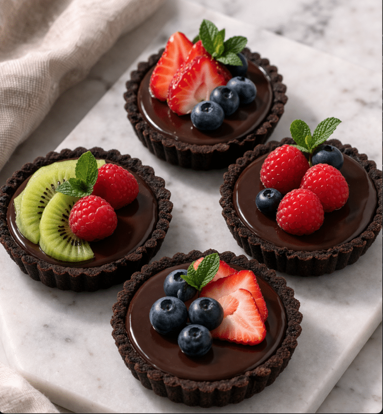 Mini chocolate tarts topped with fresh strawberries, blueberries and kiwi