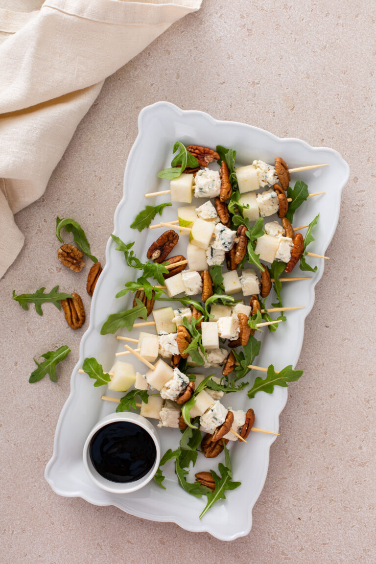 Pear and Bleu Cheese Appetizer Skewers with Arugula and Pecans