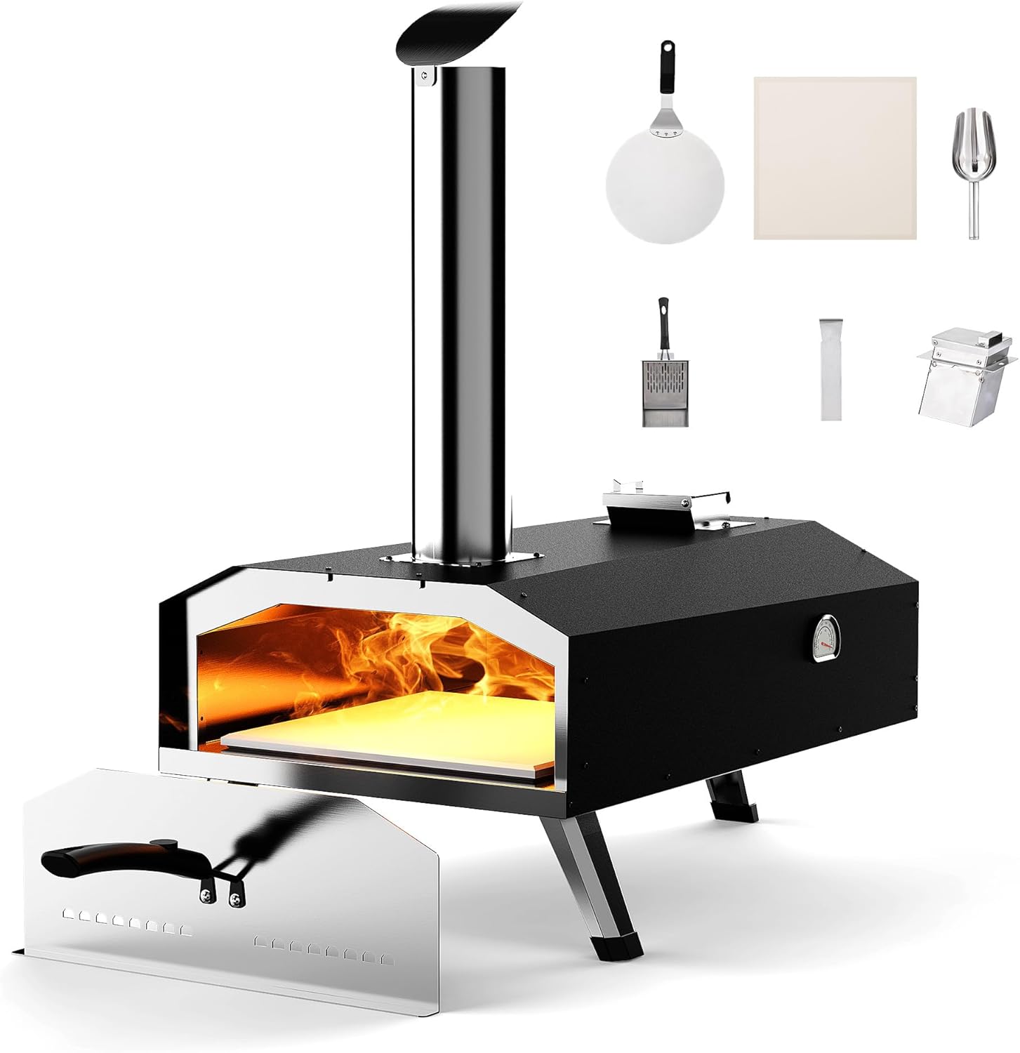 Portable outdoor wood-fired pizza oven with flame inside and a set of pizza accessories