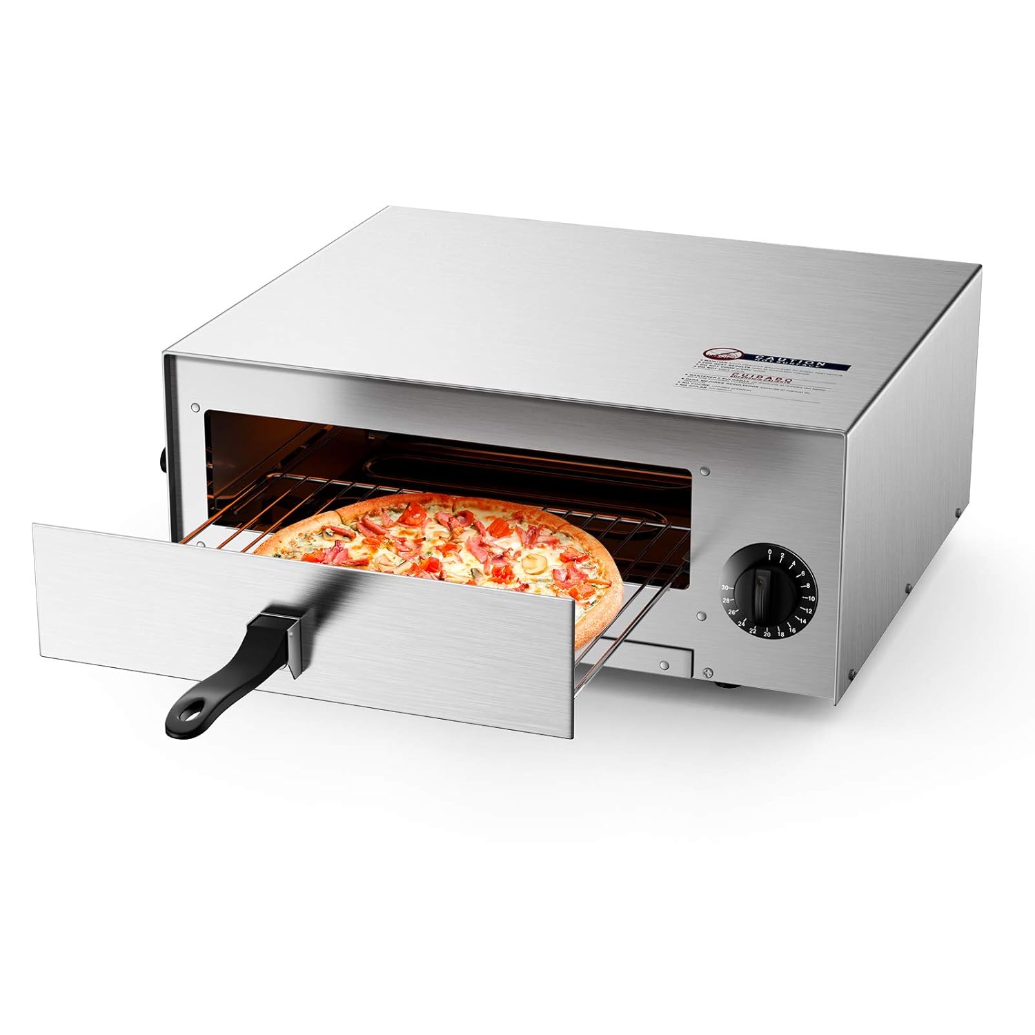 Stainless steel countertop pizza oven with a baked pizza on the pull-out tray
