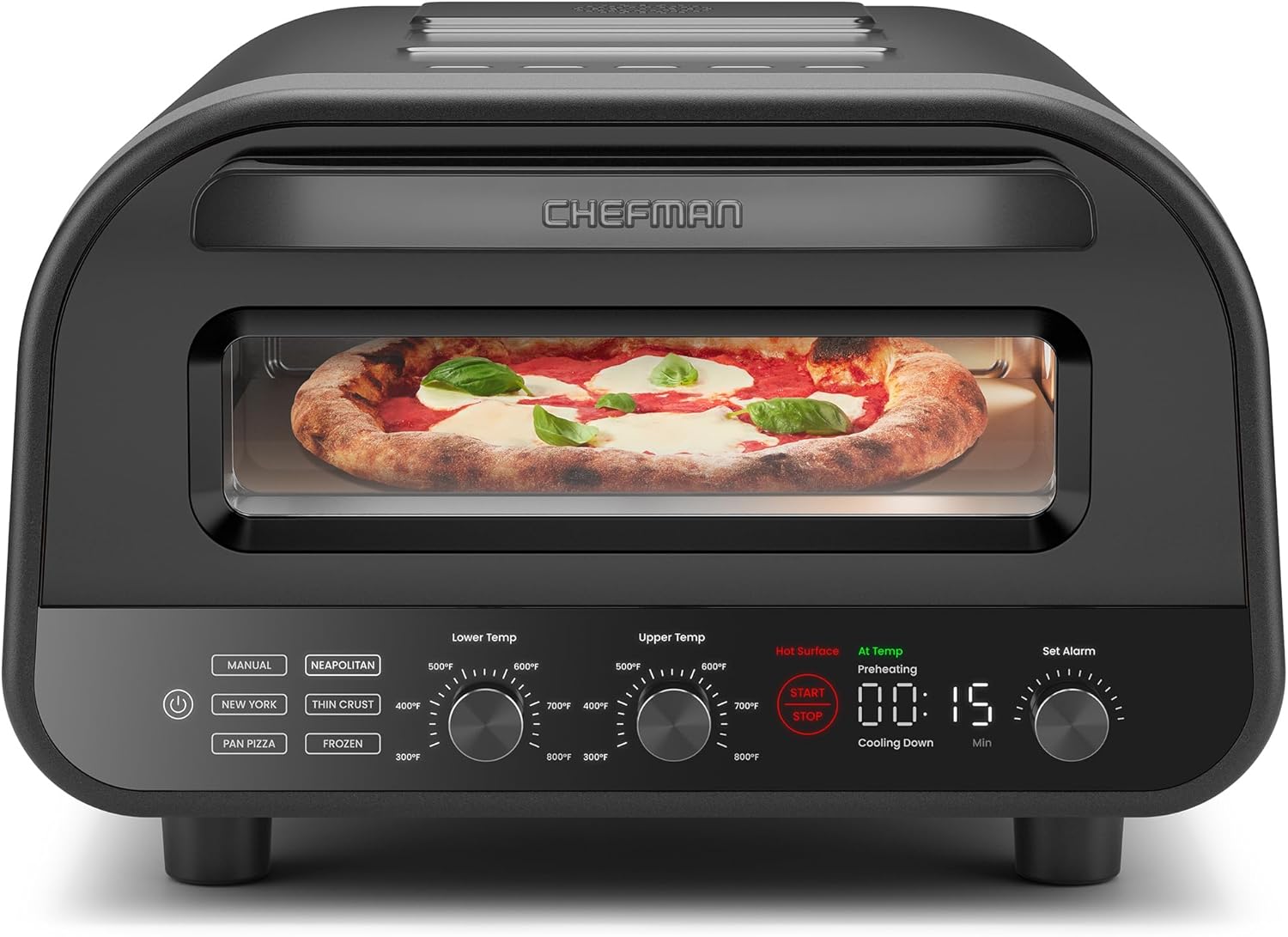 Chefman countertop electric pizza oven with a margherita pizza baking inside