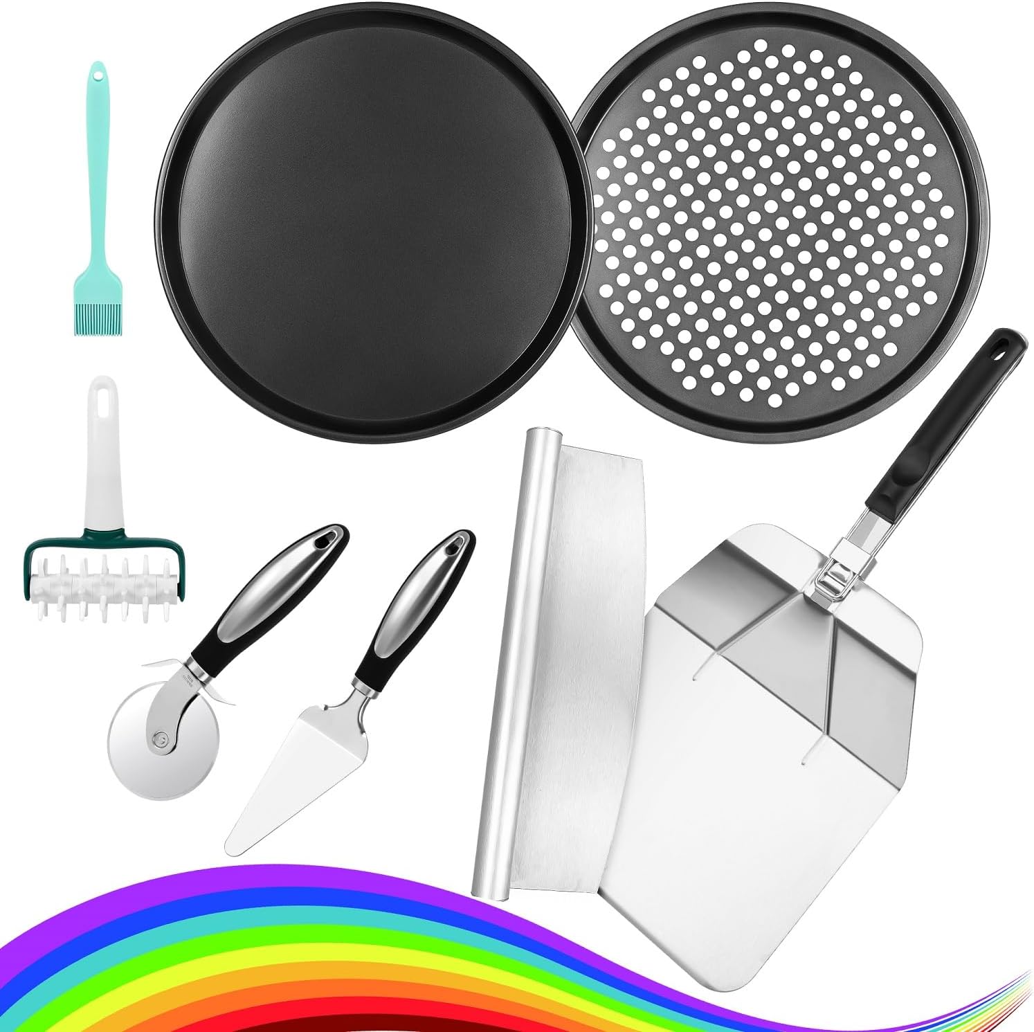 Pizza making tool set with nonstick pans, cutter, server, basting brush and dough roller