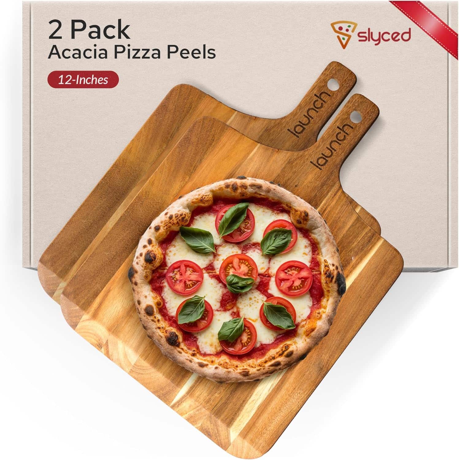 Two-pack of 12-inch acacia wood pizza peels shown with a margherita pizza