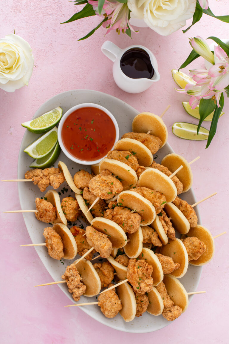 Delight your guests with Mini Frozen Pancake and Farm Rich Frozen Thai Chili Chicken Kabobs. A fun, mouthwatering appetizer that’s sweet, savory, and spicy in every bite.