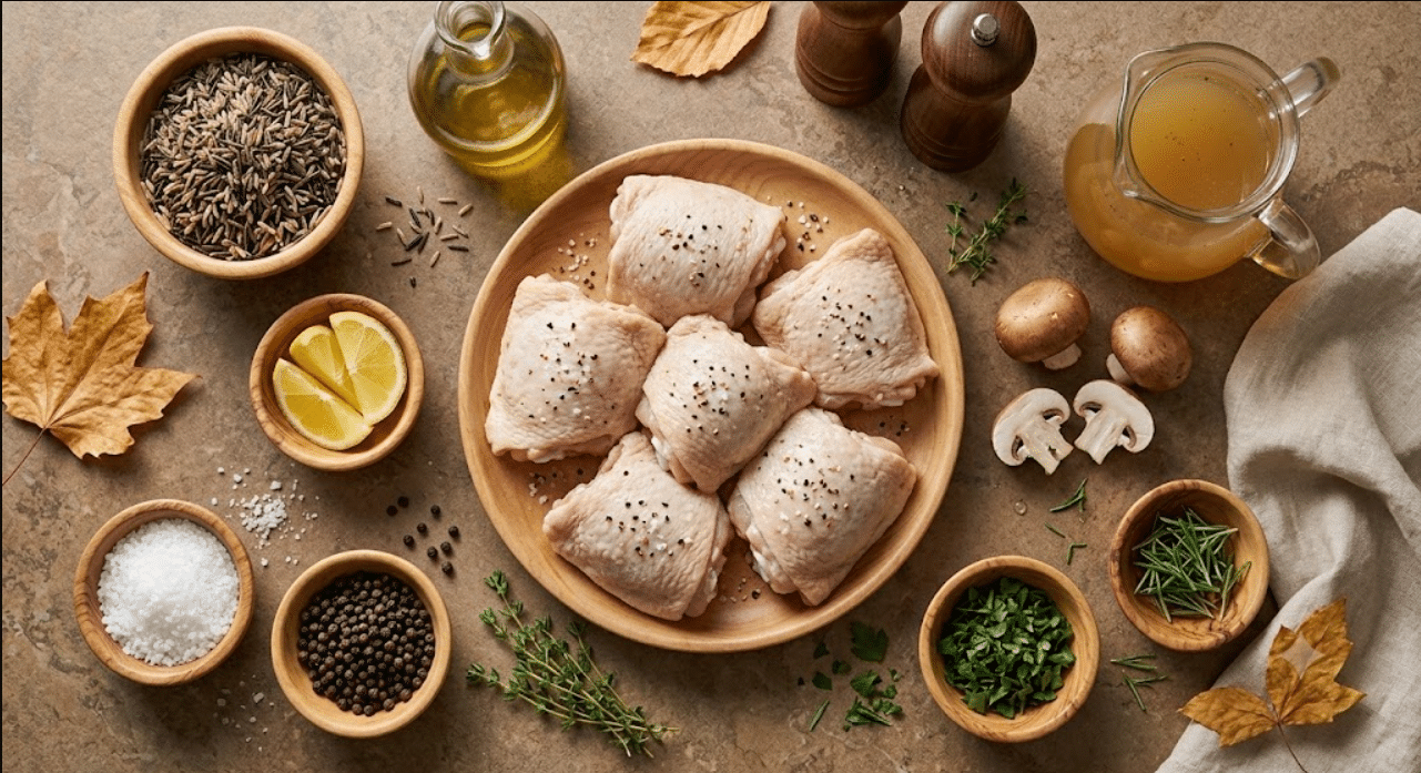 Ingredients flat lay shot for Chicken Thighs with Wild Rice