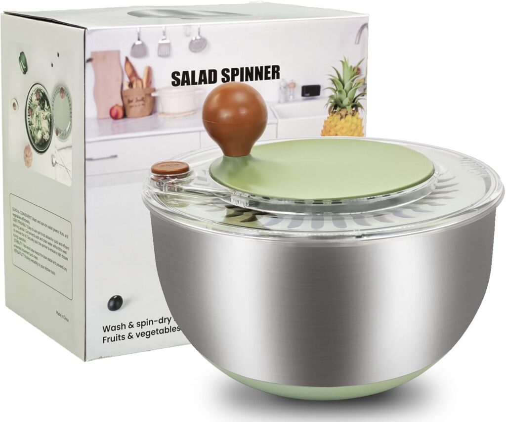 Salad spinner with a stainless steel mixing bowl base