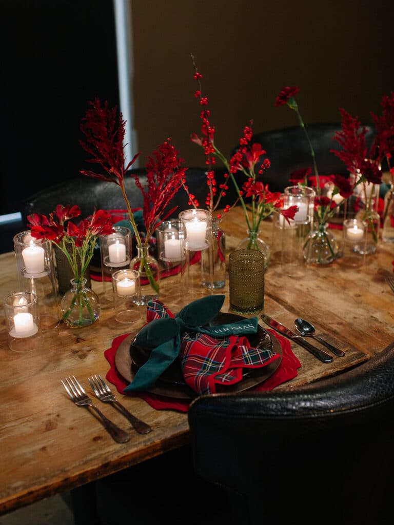red and green holiday tablescape