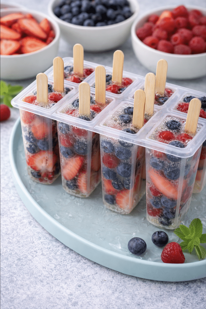 berry champagne with popsicle sticks