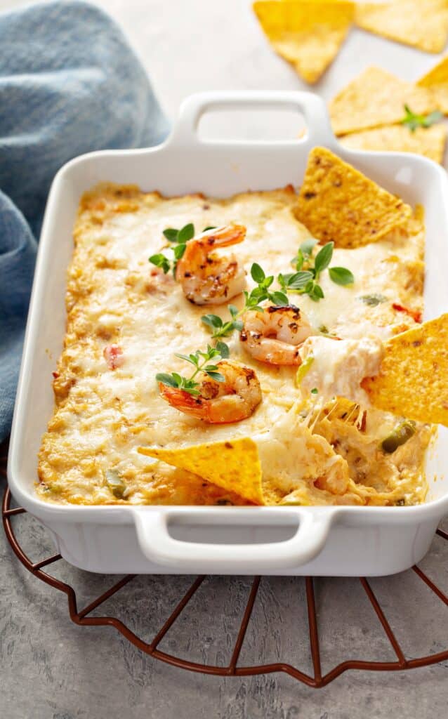 Spicy cheese and shrimp dip with tortilla chips