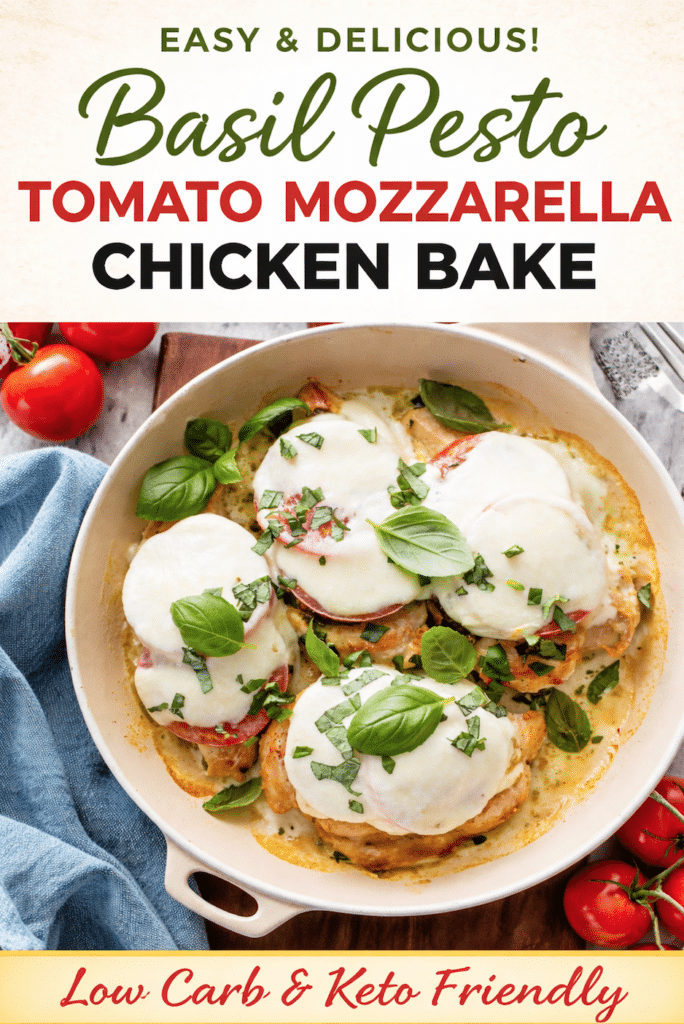 basil pesto tomato mozzarella chicken bake pinterest pin