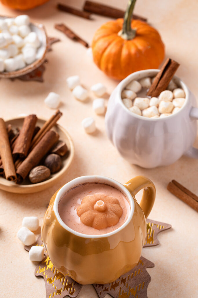 Pumpkin hot chocolate with marshmallows and a sprinkle of nutmeg