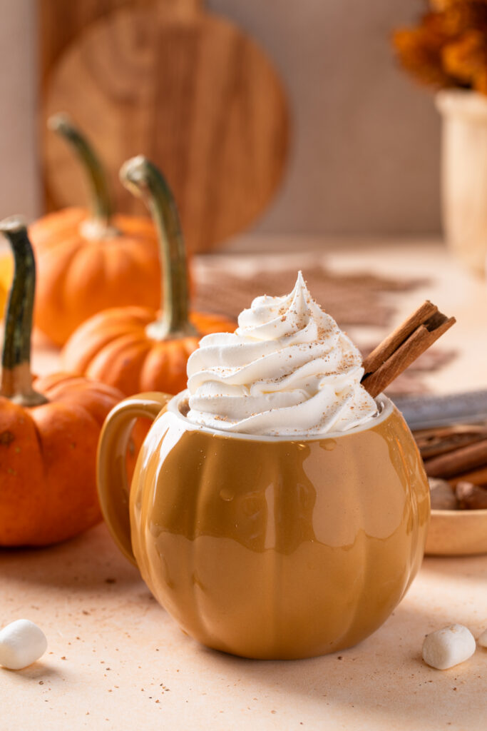 Mug of pumpkin hot chocolate topped with whipped cream and a cinnamon stick