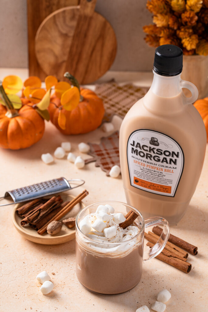 Pumpkin hot chocolate with marshmallows and a sprinkle of nutmeg