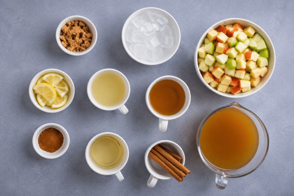 Easy Fall Apple Pie Sangria Cocktail Ingredients in white theme cups and bowl and transparent pitcher