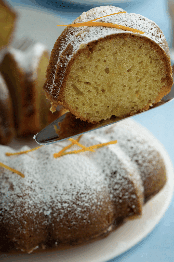 sliced Orange-Scented Olive Oil Bundt Cake close up shot