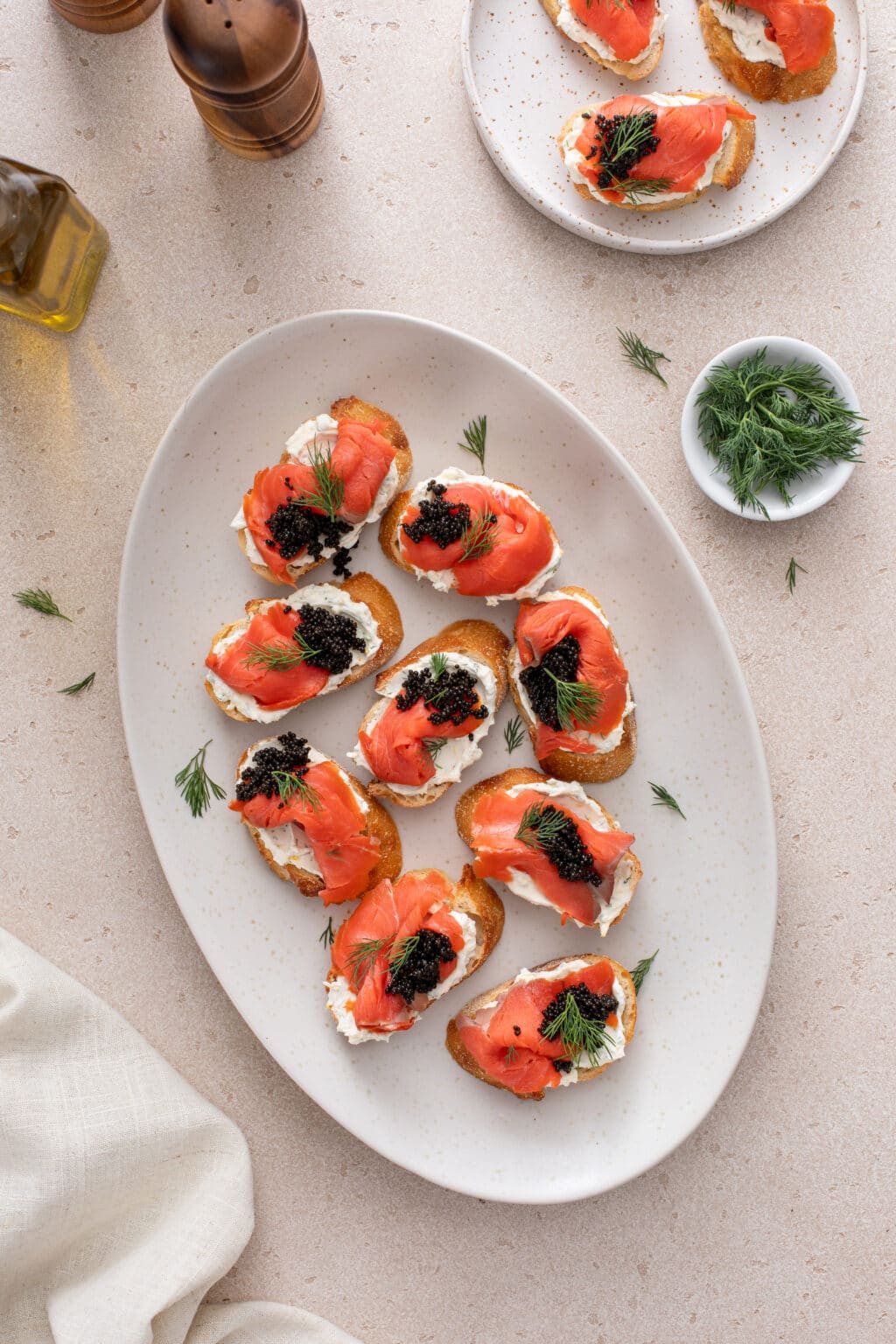 smoked salmon, dill and caviar crostini