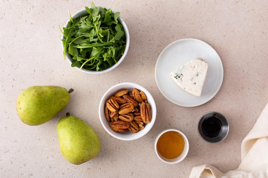 Ingredients Pear and Bleu Cheese Appetizer Skewers with Arugula and Pecans