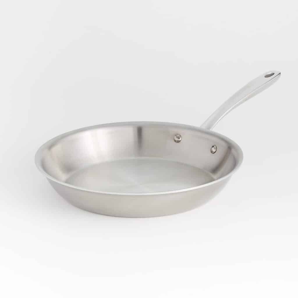 Stainless steel frying pan for frying breaded goat cheese rounds