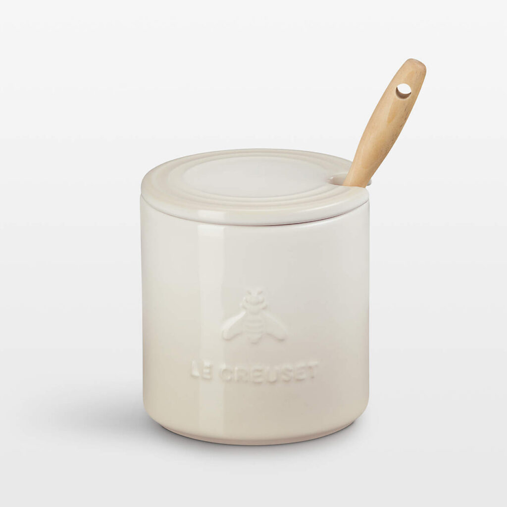 Le Creuset honey pot with dipper for the fried goat cheese board