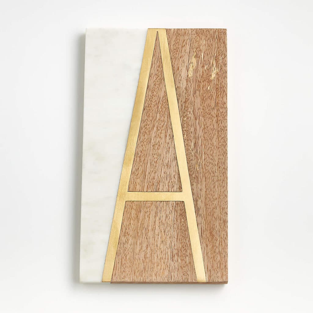 Wooden monogram serving board for plating holiday appetizers