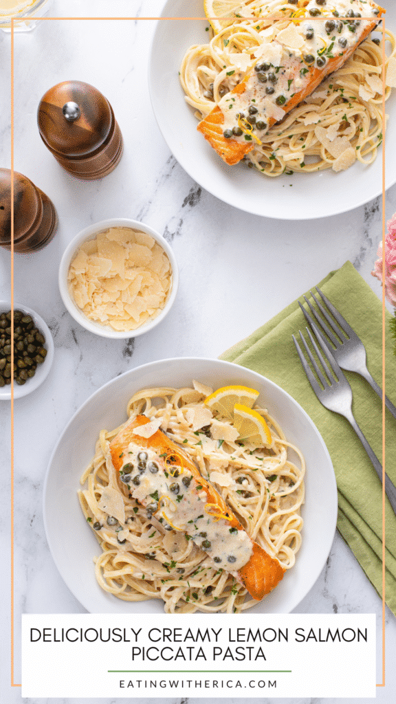 Creamy lemon salmon piccata pasta plated and ready to serve