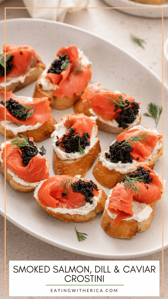 Smoked salmon, dill, and caviar crostini plated and ready to serve