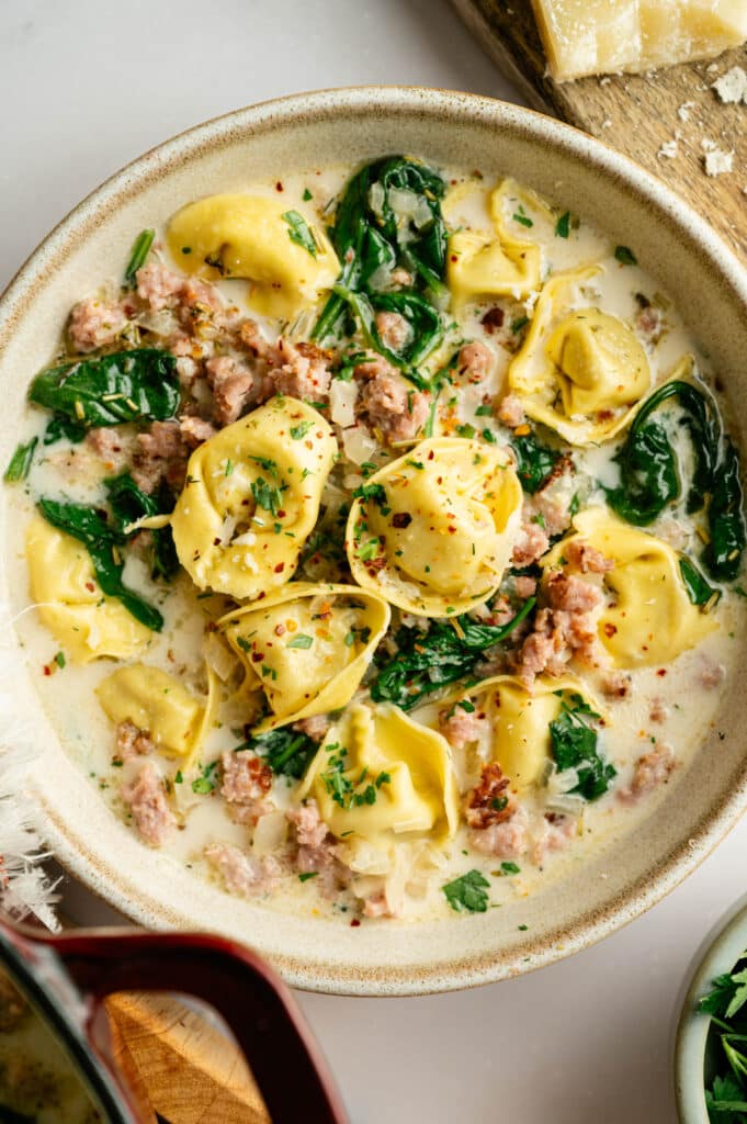 closeup shot White Sausage tortellini soup