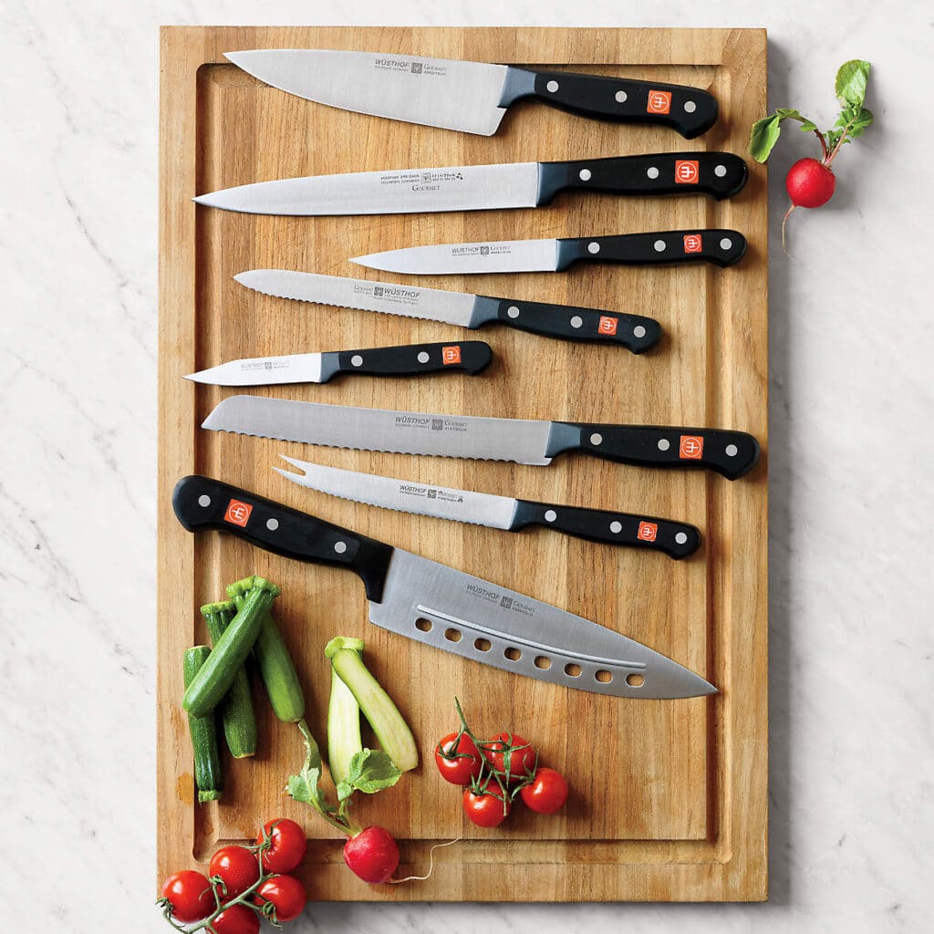 Wusthof chef's knife for slicing baguette and brie