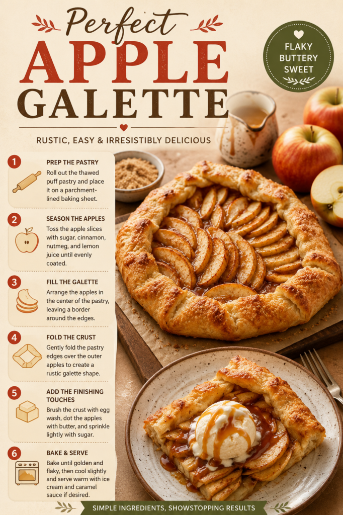 Perfect Apple Galette step-by-step recipe infographic with six preparation steps