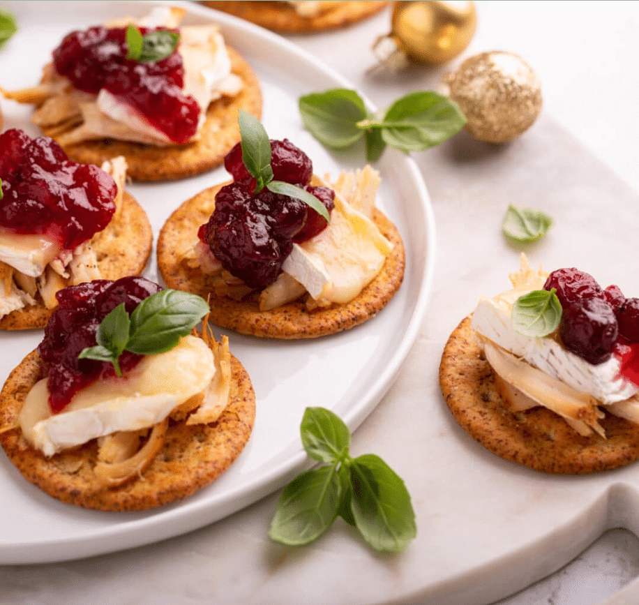 Cranberry Brie Turkey Crackers  close up shot with granishes