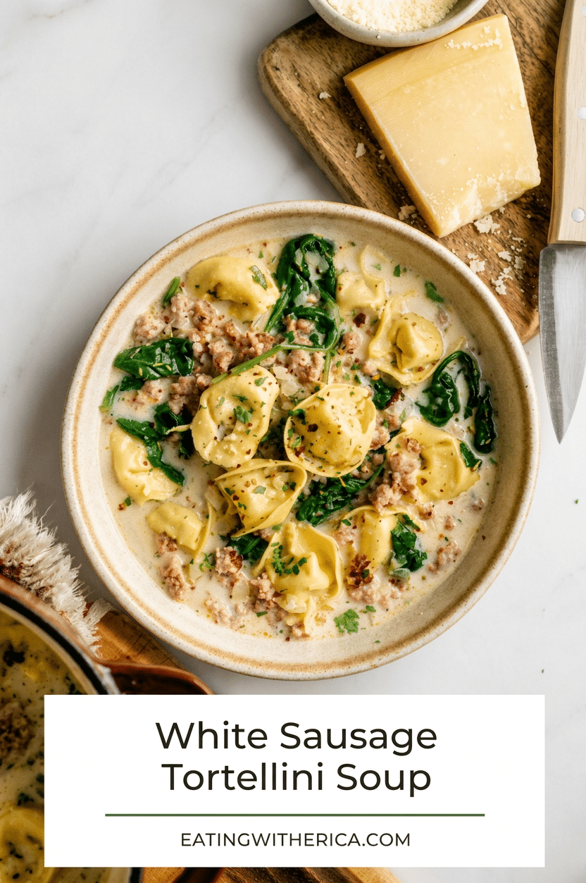 White Sausage Tortellini Soup in a serving pan 