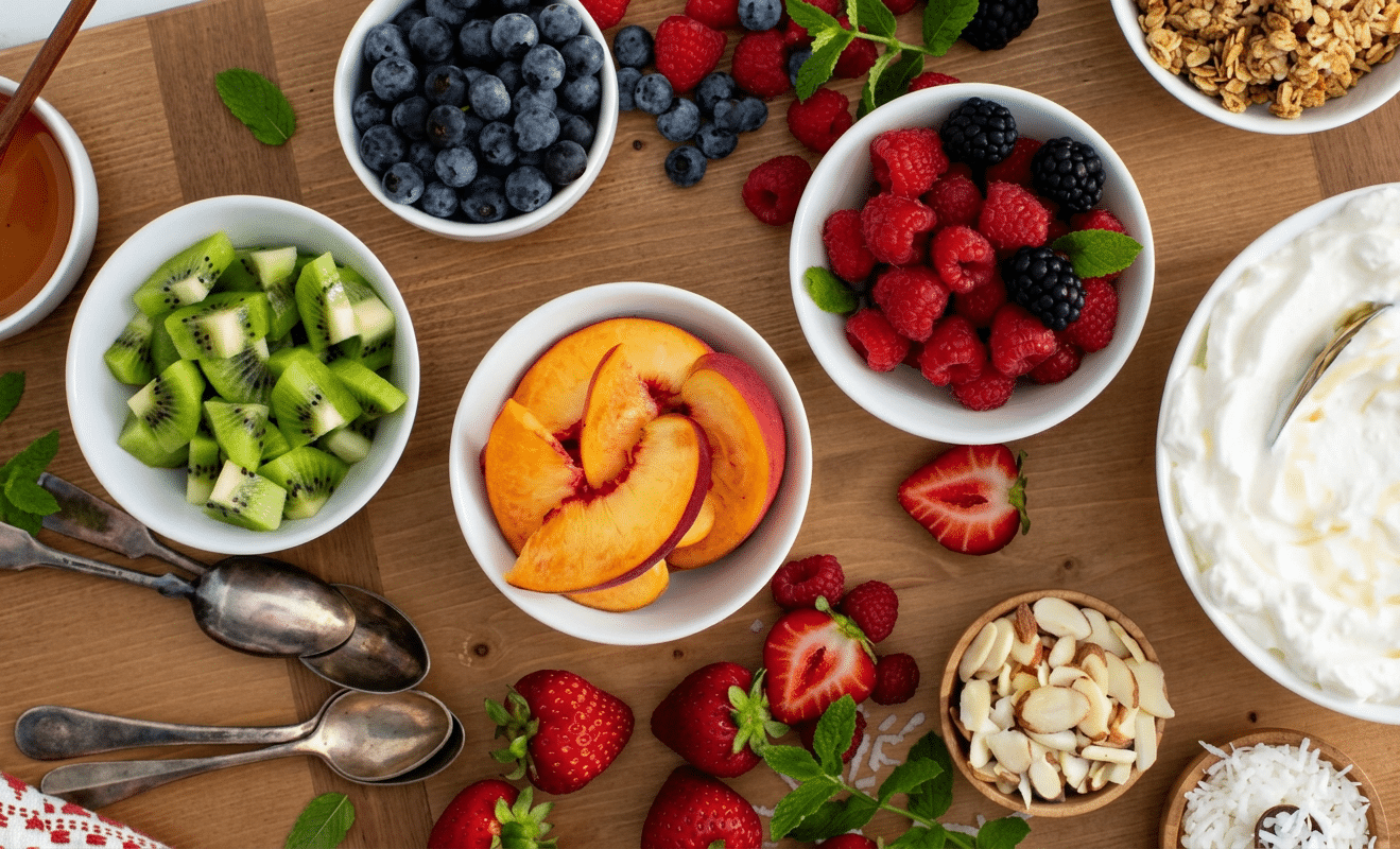 The fruit selection on the board Greek Yogurt Bowls 