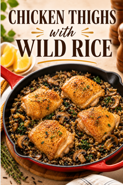 Pinterest graphic for Chicken Thighs with Wild Rice