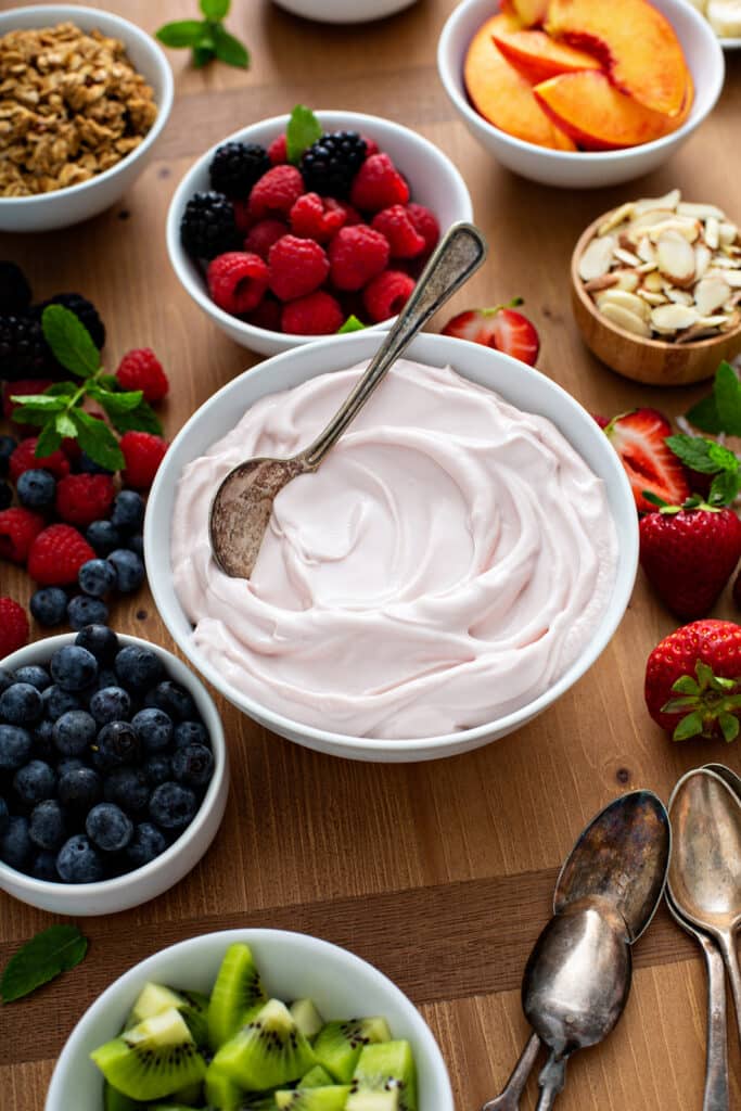 Fruits and strawberry yogurt for Greek Yogurt Bowls 