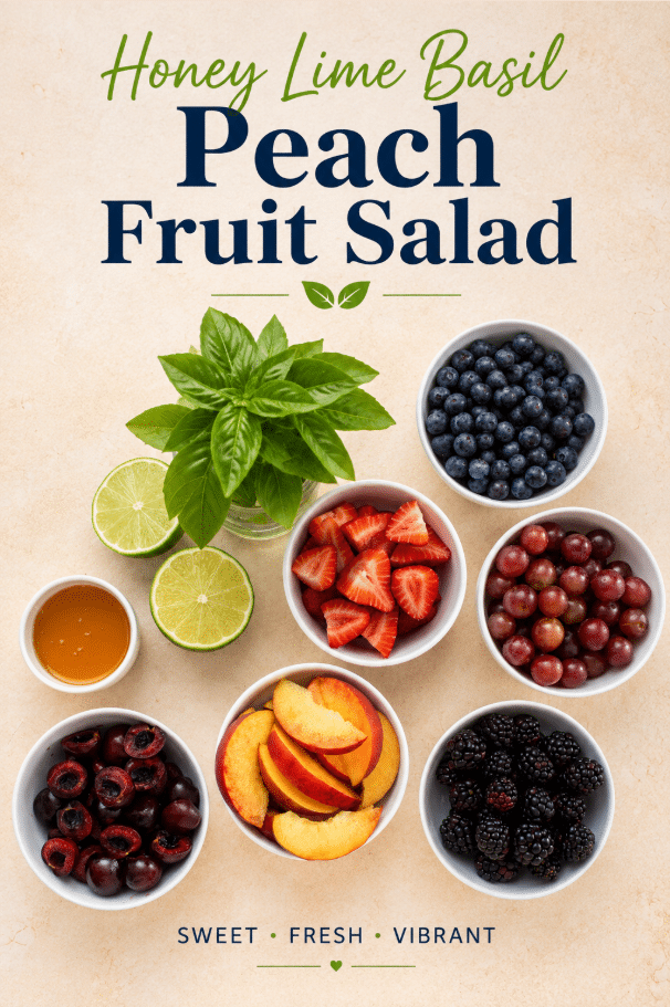 Pinterest graphic of Honey Basil Peach Fruit Salad