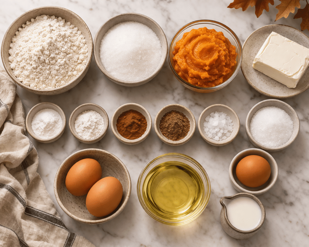 Ingredients for Pumpkin Bars with Cream Cheese Swirl flat lay top shot