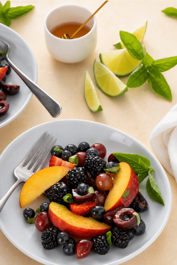 Single serving of Honey Basil Peach Fruit Salad