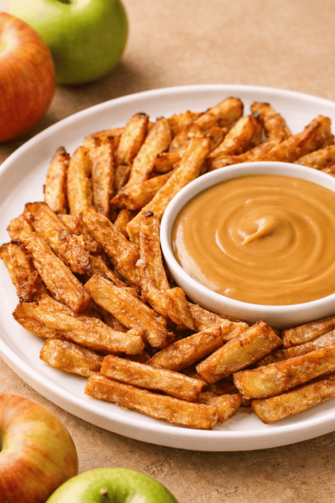 The finished look of Air Fryer Apple Fries with Caramel Cream Dip on white plate serving and caramel dip